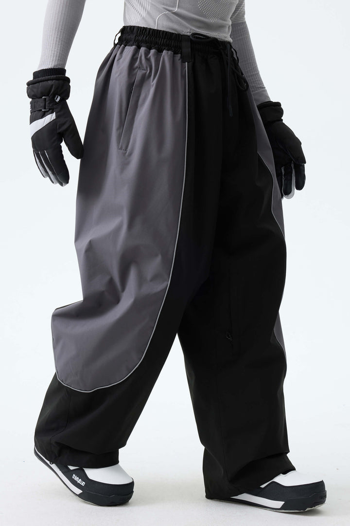 Men's Color Block Black & Gray Baggy Reflective Piping Snow Pants