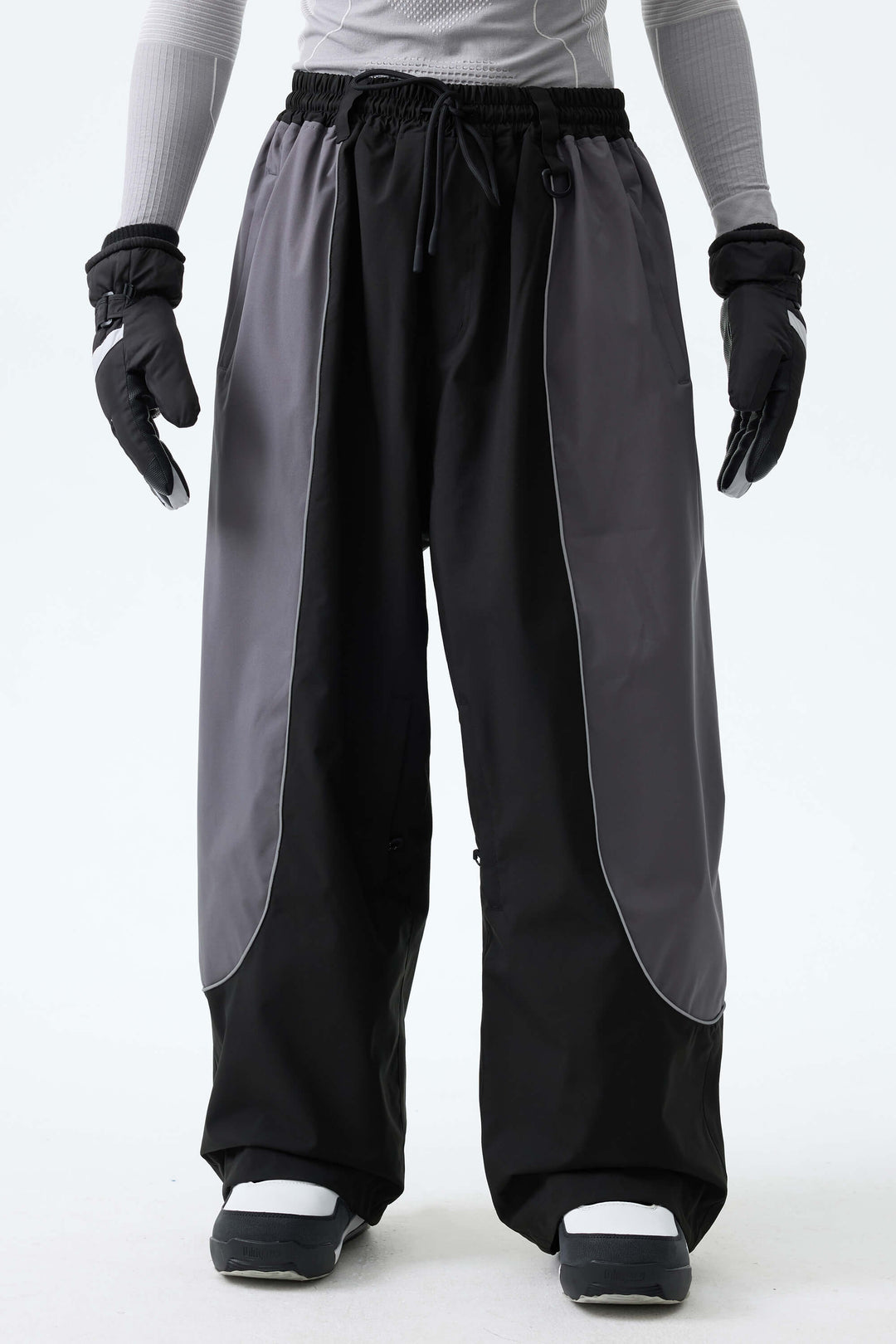 Men's Color Block Black & Gray Baggy Reflective Piping Snow Pants