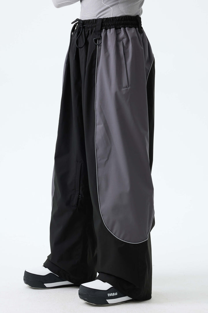 Men's Color Block Black & Gray Baggy Reflective Piping Snow Pants