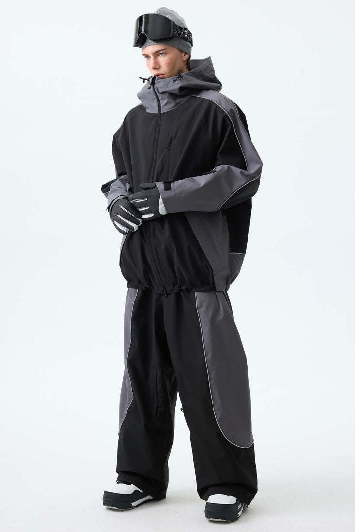 Men's Color Block Black & Gray Baggy Reflective Piping Snow Pants