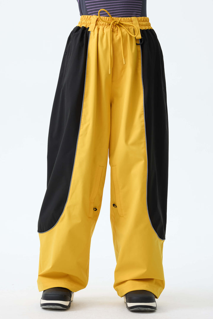 Women's Color Block Yellow & Black Baggy Reflective Piping Snow Pants