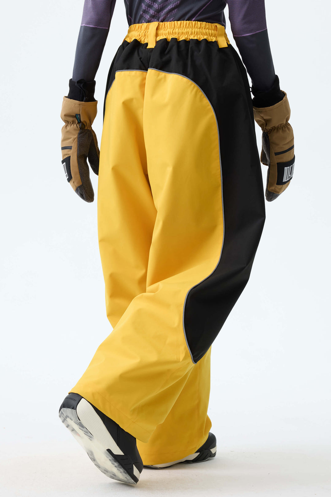 Women's Color Block Yellow & Black Baggy Reflective Piping Snow Pants