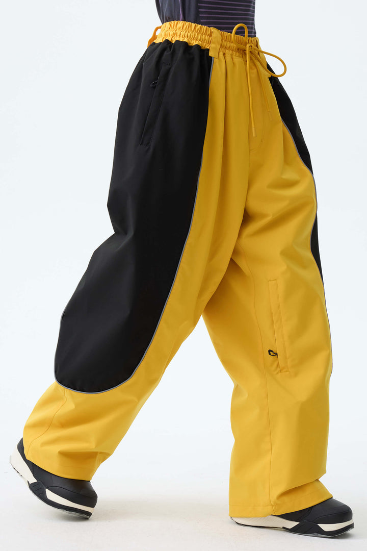 Women's Color Block Yellow & Black Baggy Reflective Piping Snow Pants