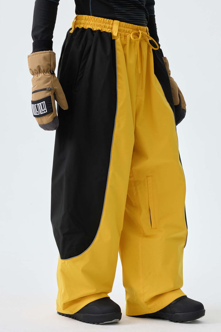 Men's Color Block Yellow & Black Baggy Reflective Piping Snow Pants