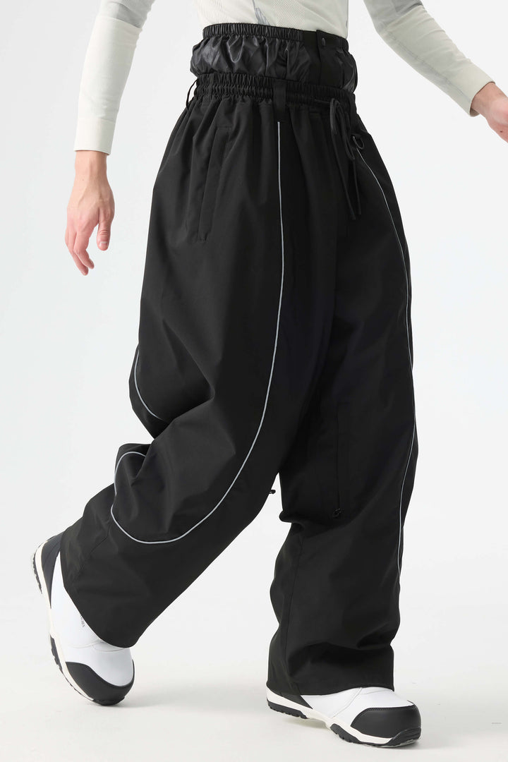 Men's Black Baggy Reflective Piping Snow Pants