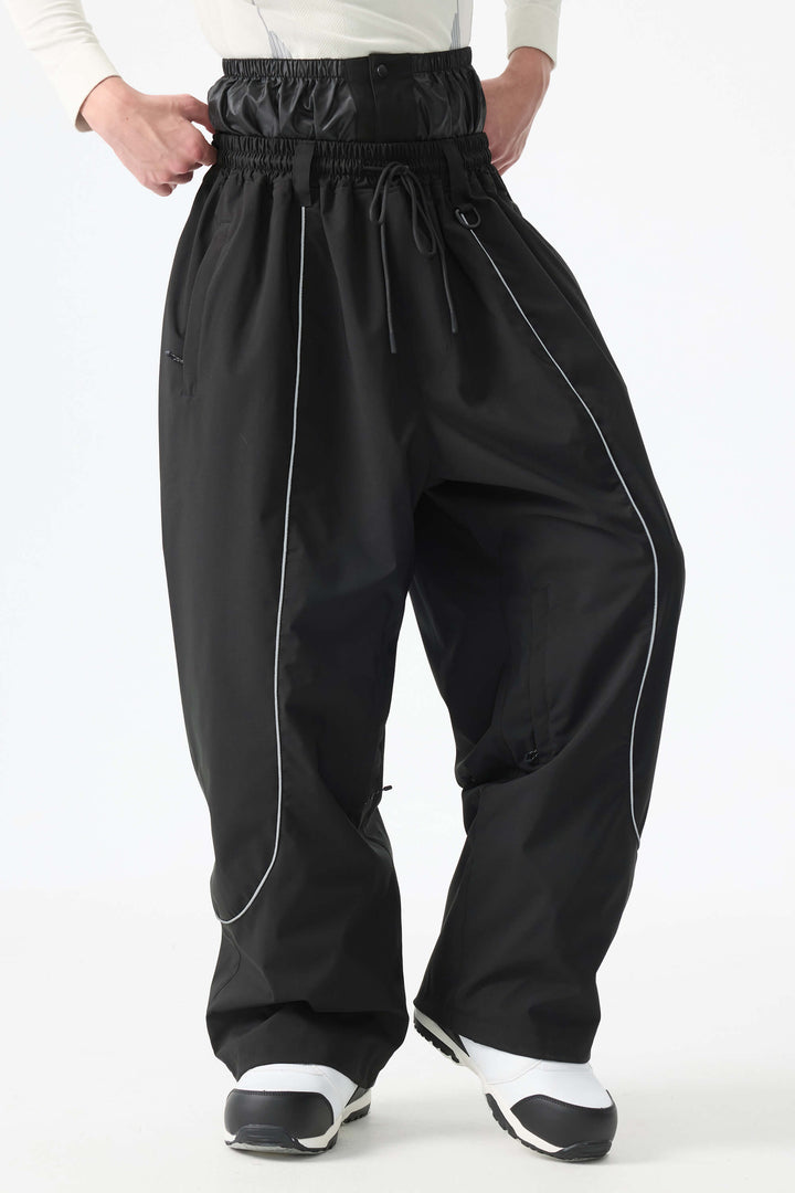 Men's Black Baggy Reflective Piping Snow Pants