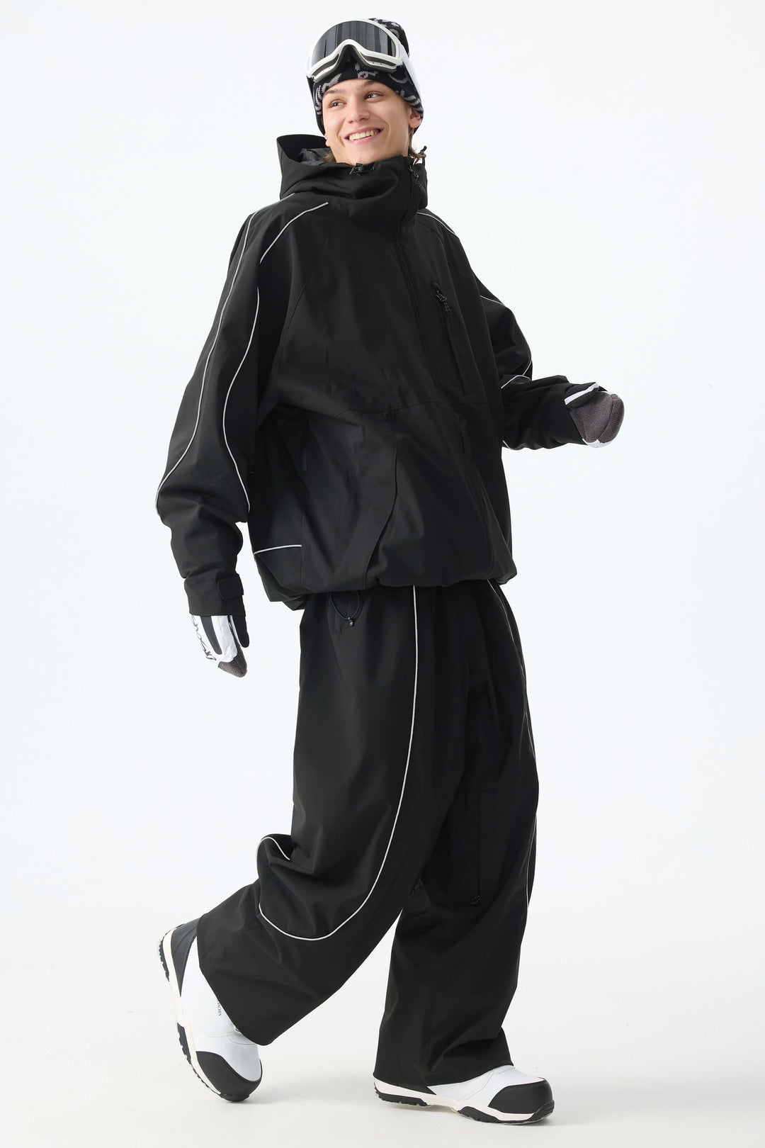 Men's Black Baggy Reflective Piping Snow Pants