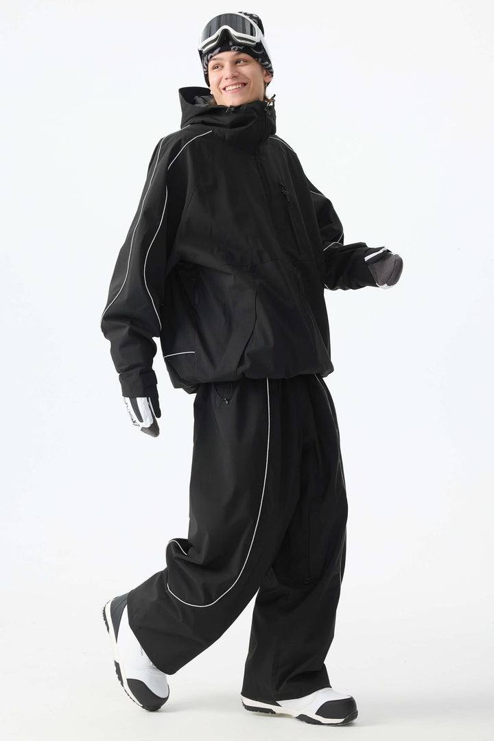 Men's Black Baggy Reflective Piping Snow Pants