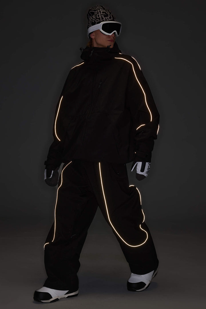 Men's Black Baggy Reflective Piping Snow Pants