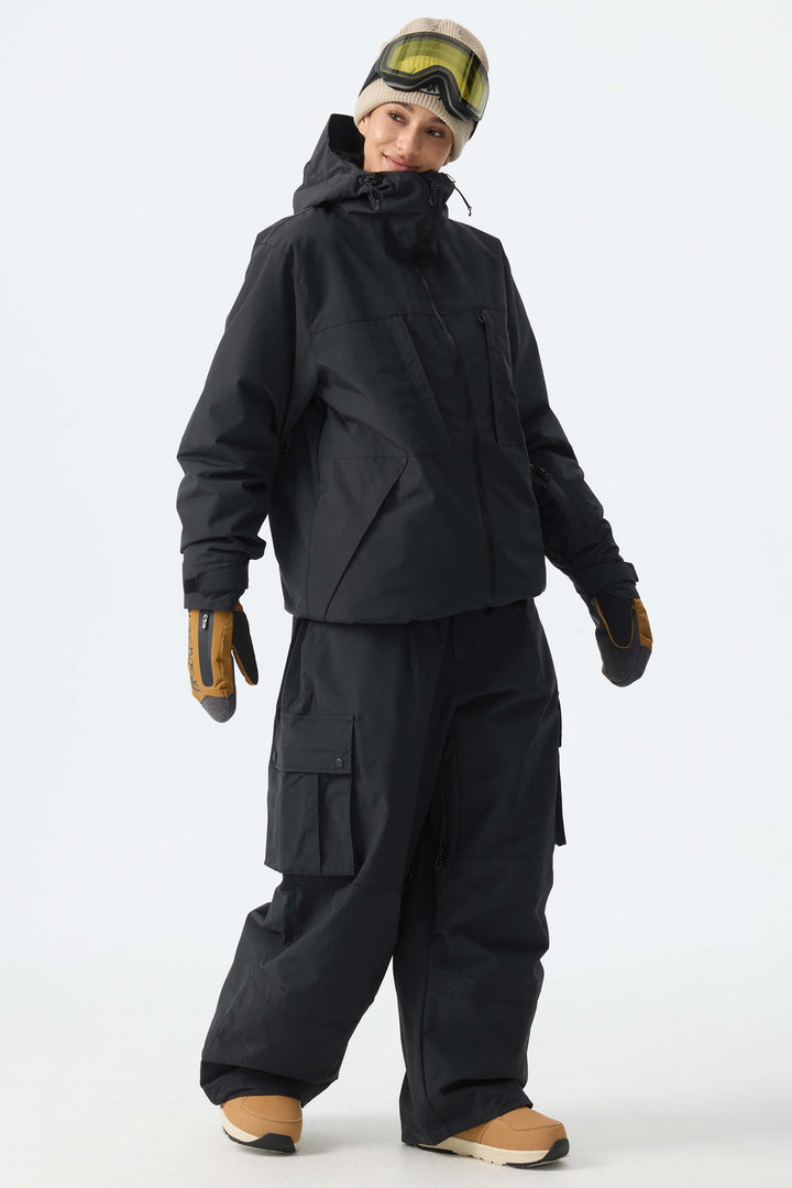 Calça de neve feminina preta estilo cargo folgada
