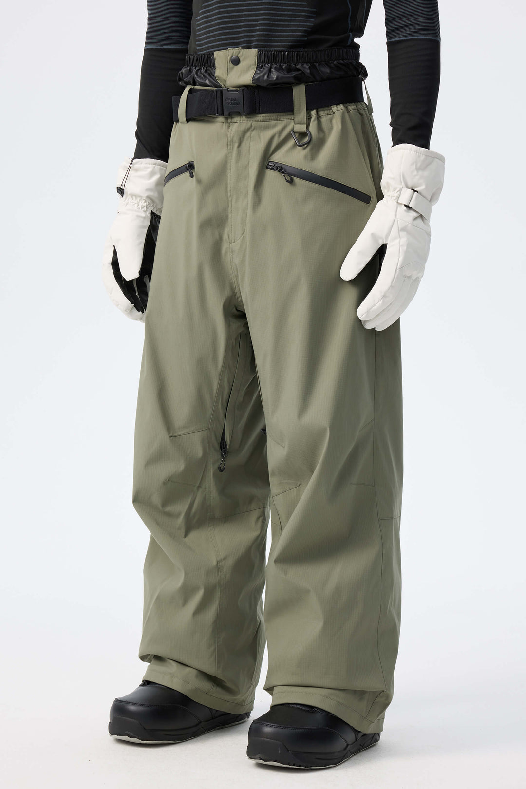 Men's Army Green Utility Belted Baggy Insulated Snow Pants