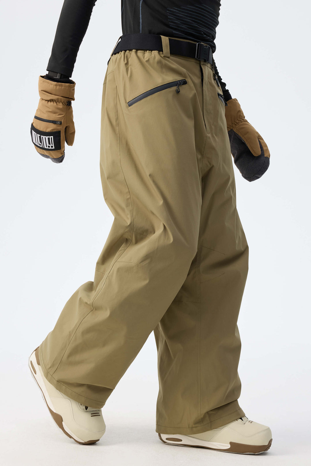 Men's Khaki Utility Belted Baggy Insulated Snow Pants