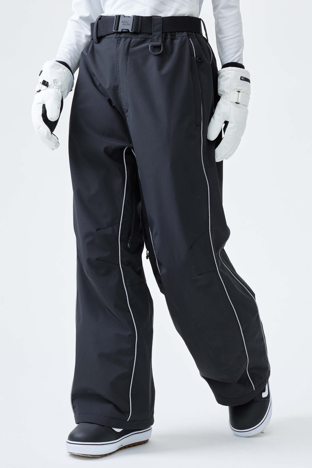 Women's Khaki Reflective Side-Piping Baggy Snow Pants