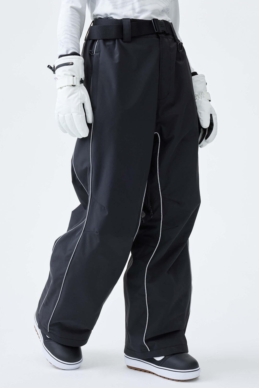 Women's Black Reflective Side-Piping Baggy Snow Pants
