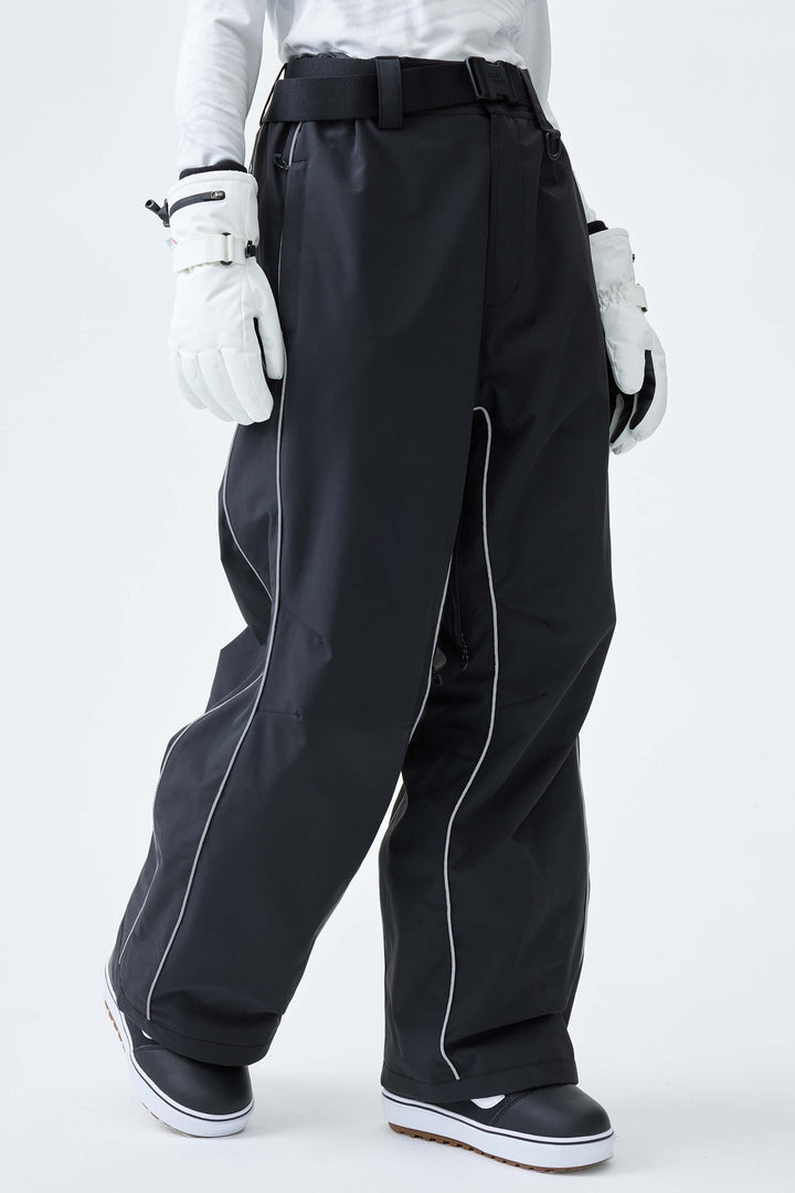 Women's Black Reflective Side-Piping Baggy Snow Pants