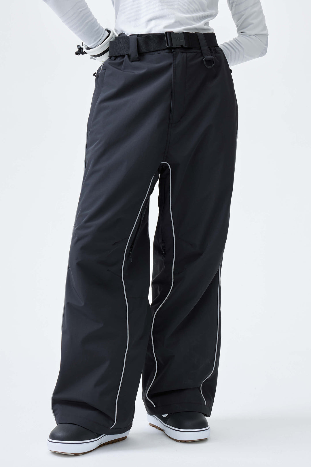 Women's Light Gray Reflective Side-Piping Baggy Snow Pants