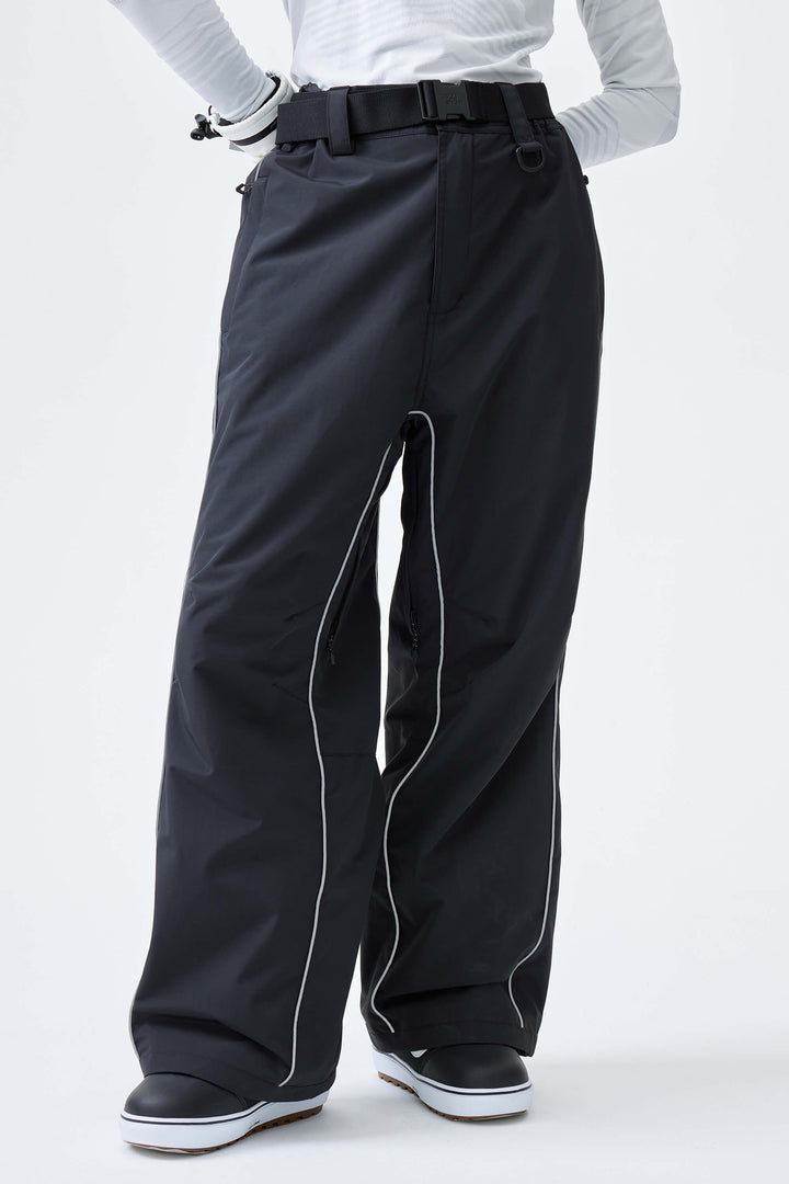 Women's Light Gray Reflective Side-Piping Baggy Snow Pants