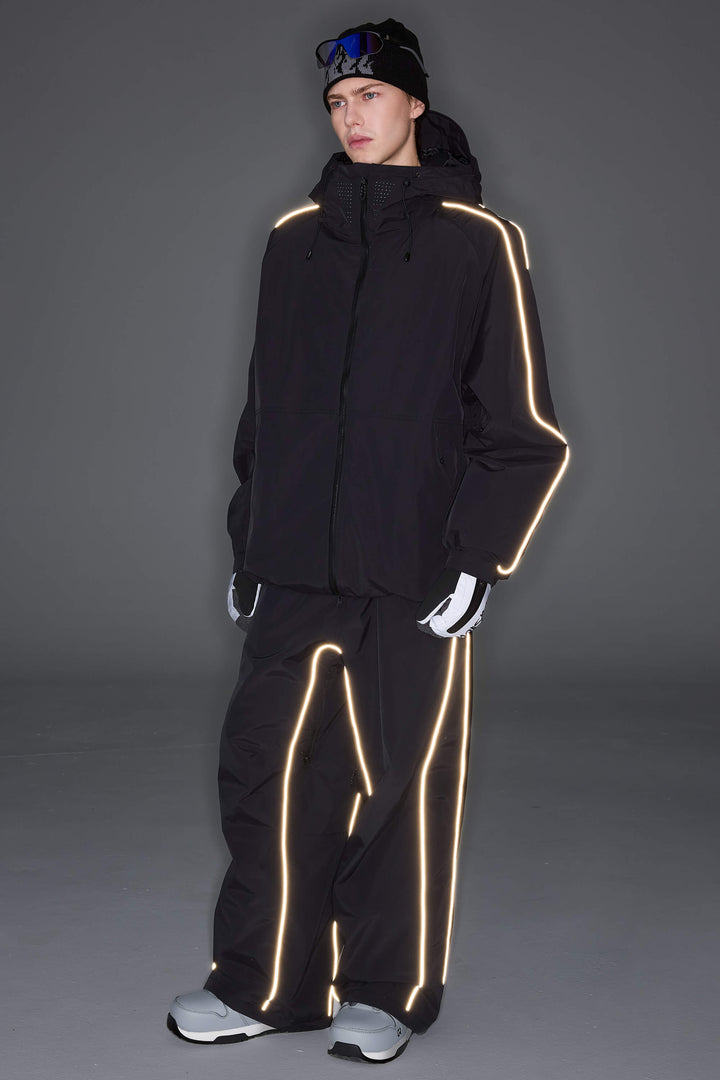 Women's Black Reflective Side-Piping Baggy Snow Pants