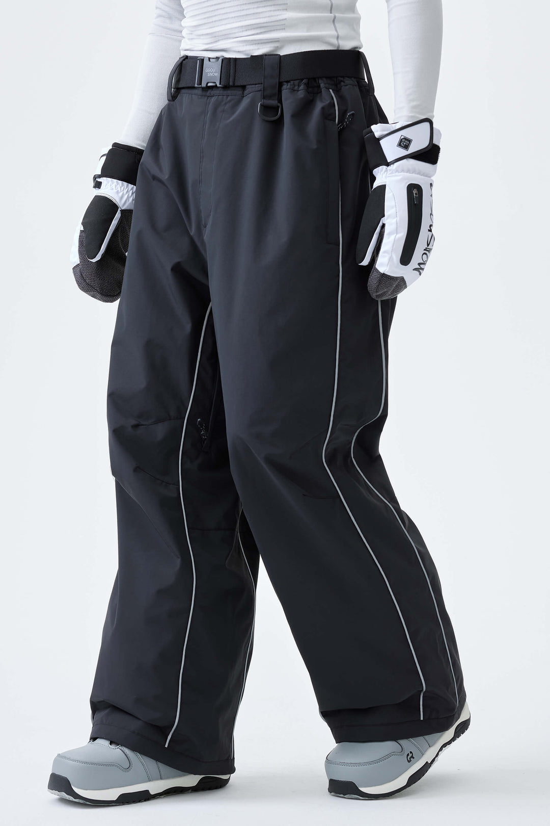 Men's Black Reflective Side-Piping Baggy Snow Pants