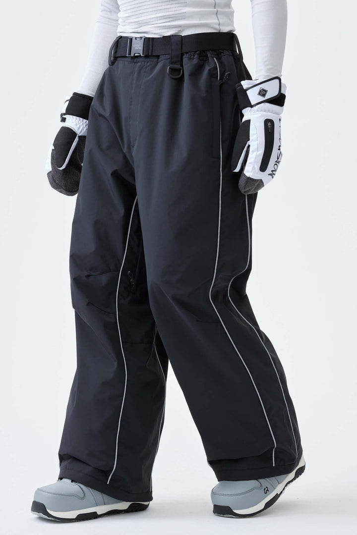 Men's Black Reflective Side-Piping Baggy Snow Pants
