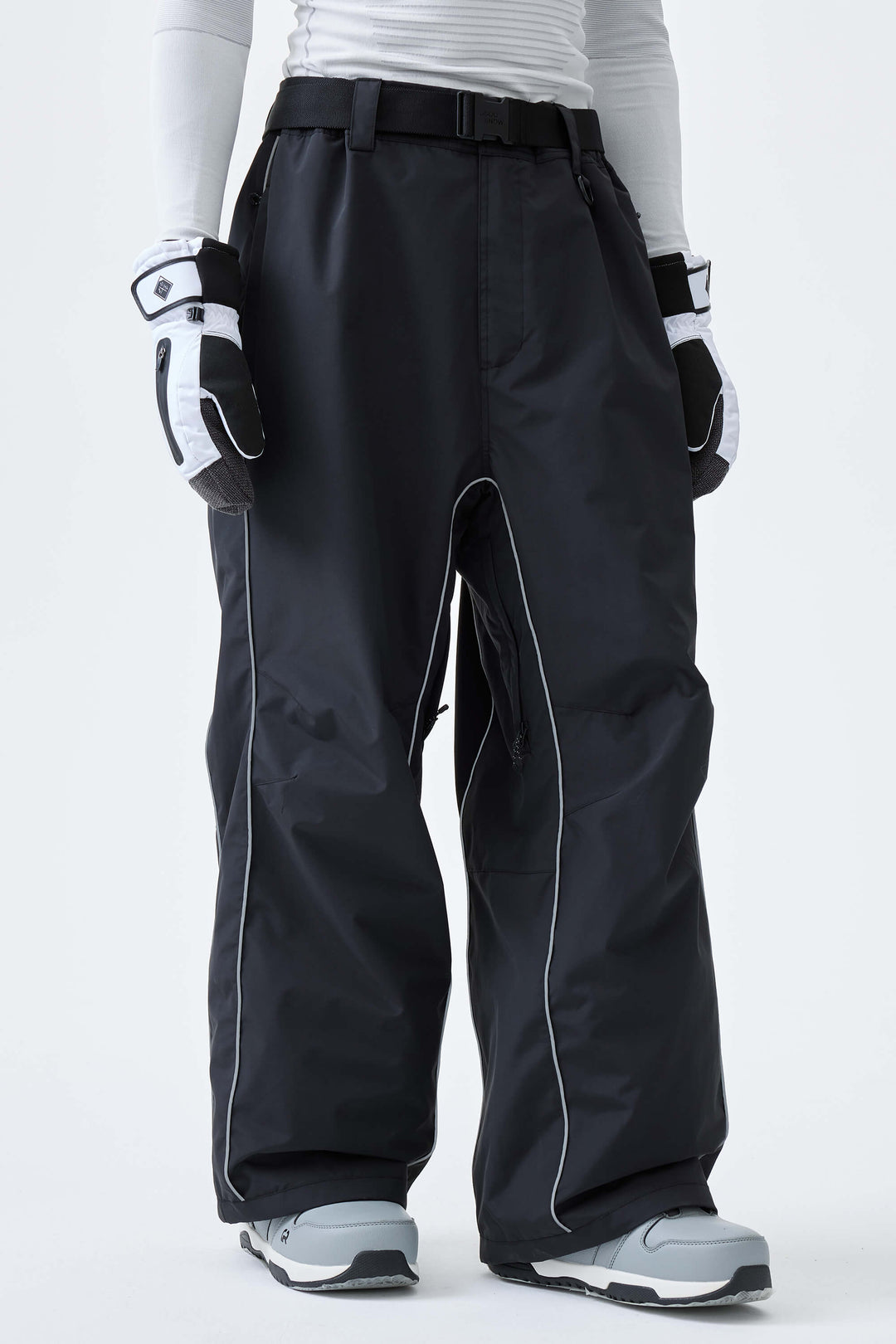 Men's Black Reflective Side-Piping Baggy Snow Pants