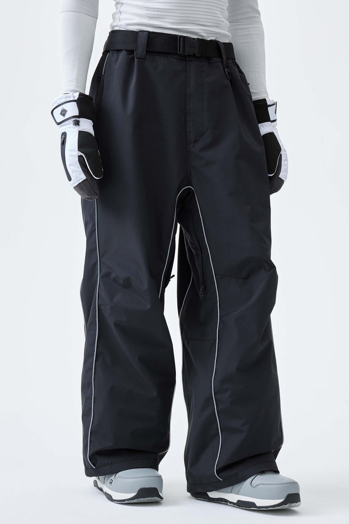 Men's Black Reflective Side-Piping Baggy Snow Pants