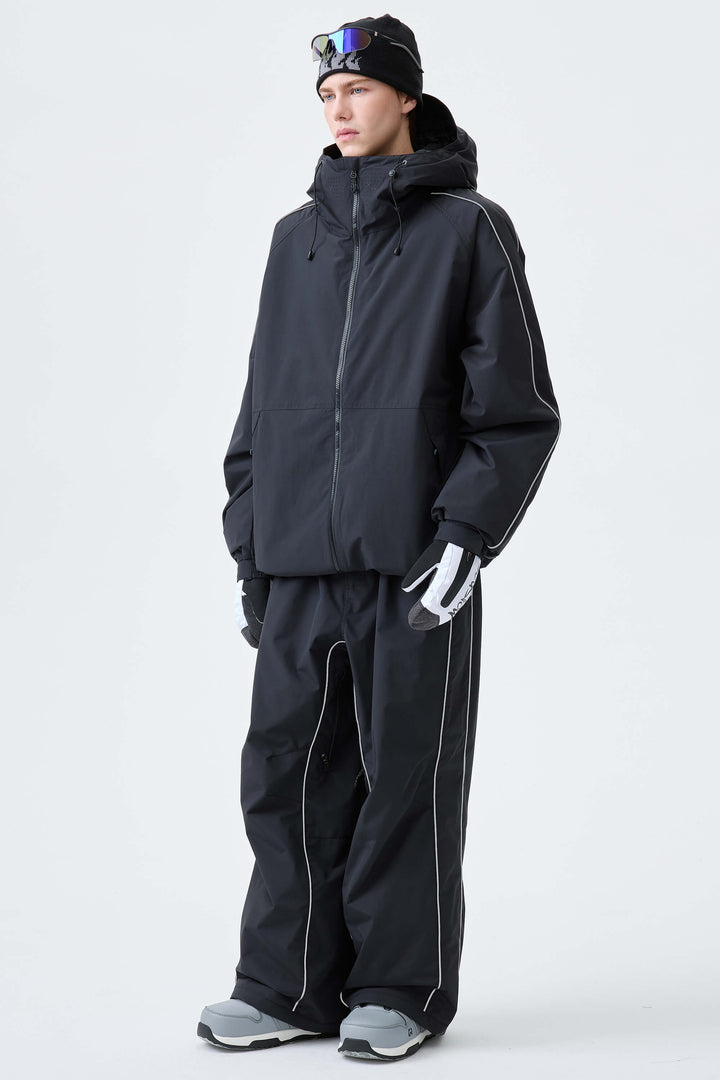 Men's Black Reflective Side-Piping Baggy Snow Pants