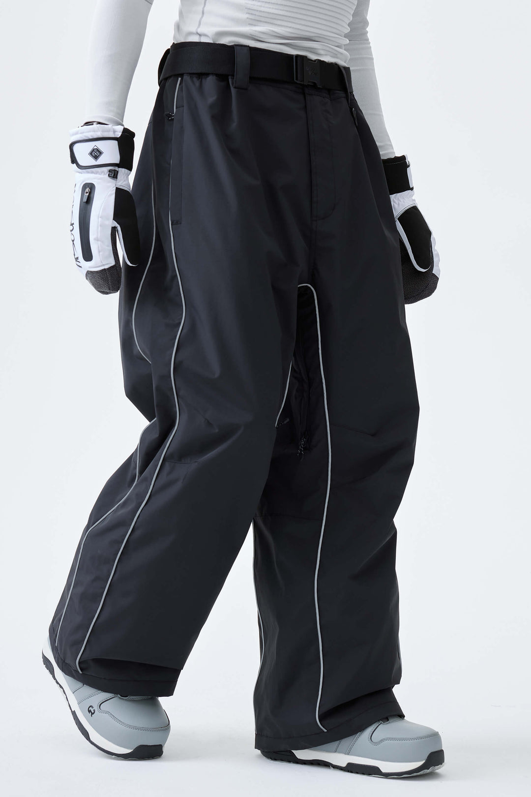 Men's Black Reflective Side-Piping Baggy Snow Pants