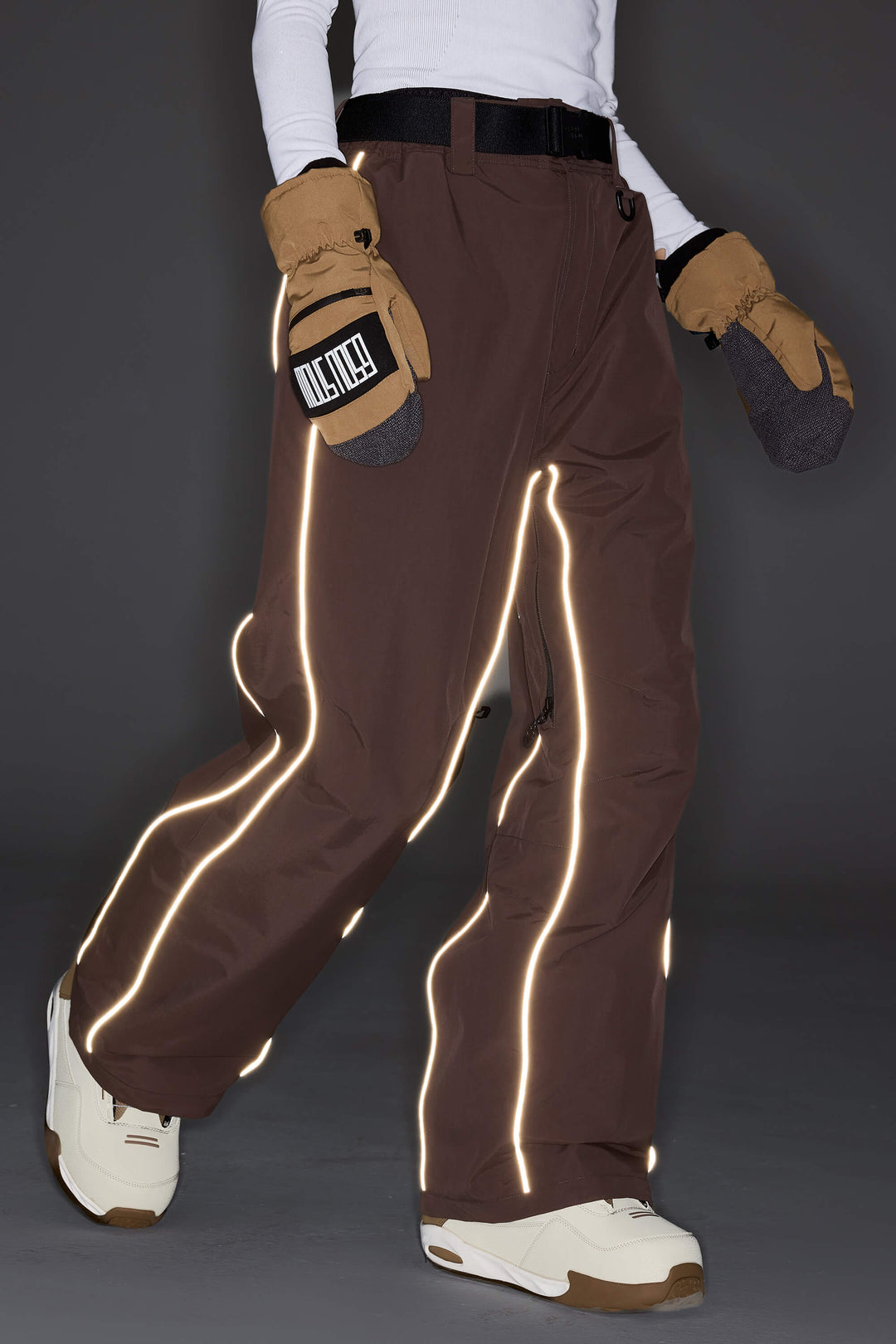 Women's Khaki Reflective Side-Piping Baggy Snow Pants