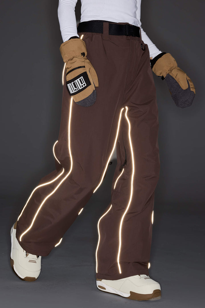 Women's Khaki Reflective Side-Piping Baggy Snow Pants