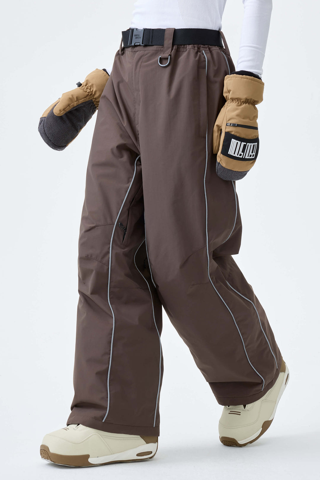 Women's Khaki Reflective Side-Piping Baggy Snow Pants