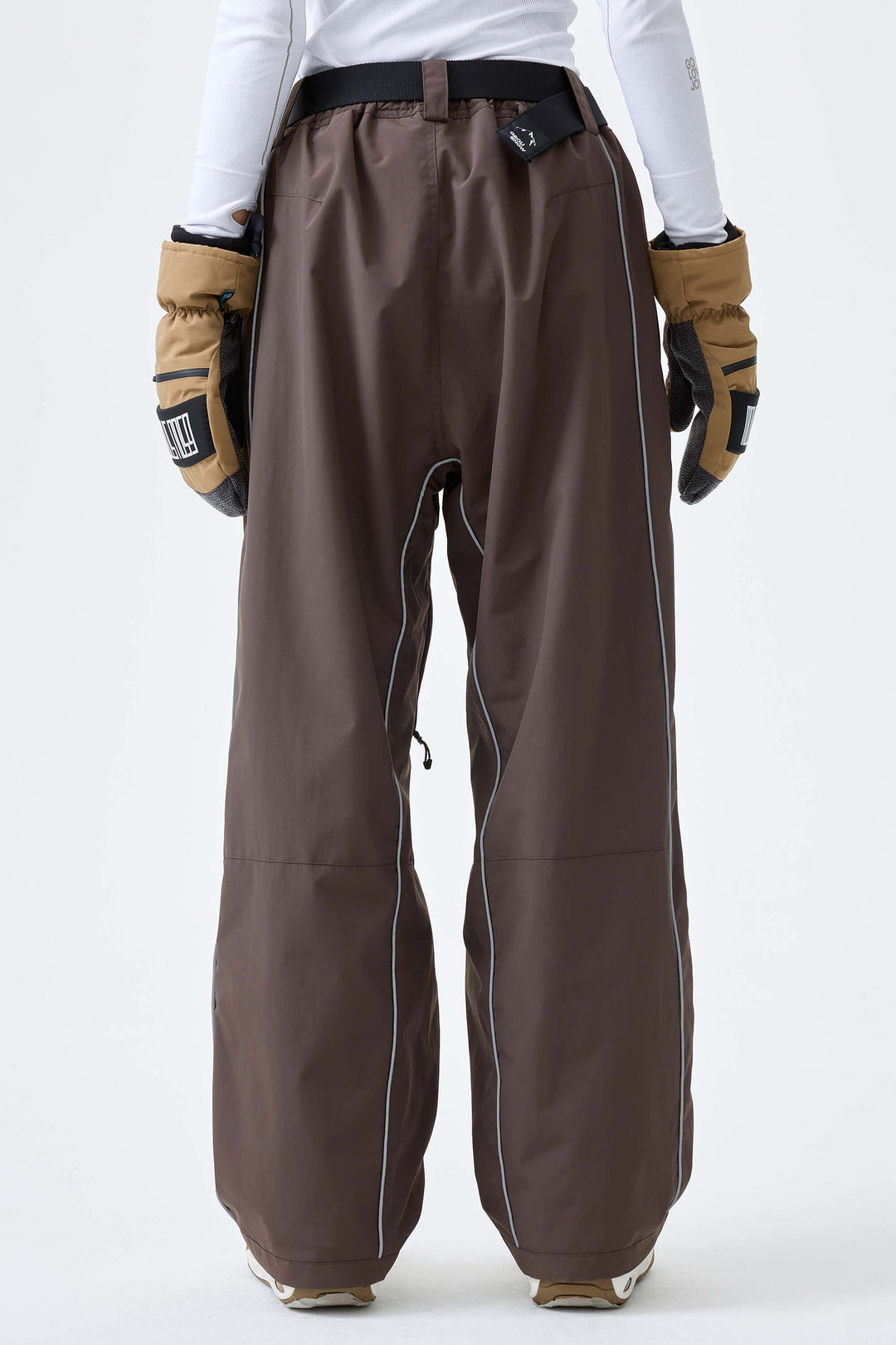 Women's Dark Brown Reflective Side-Piping Baggy Snow Pants