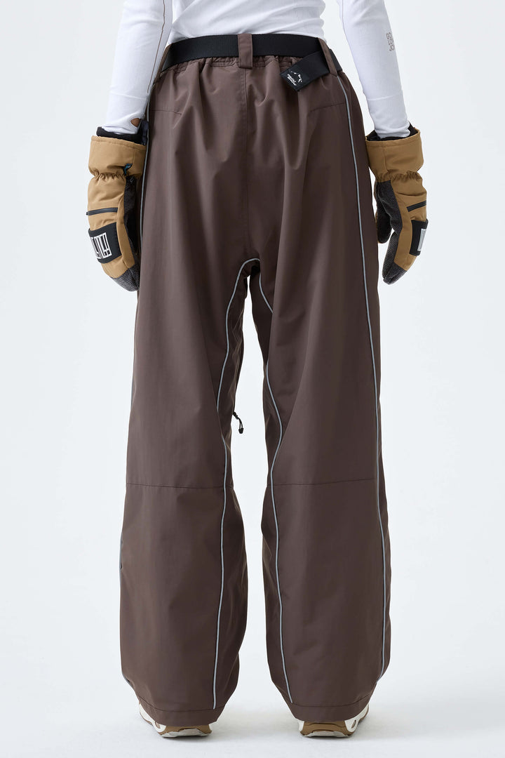 Women's Dark Brown Reflective Side-Piping Baggy Snow Pants