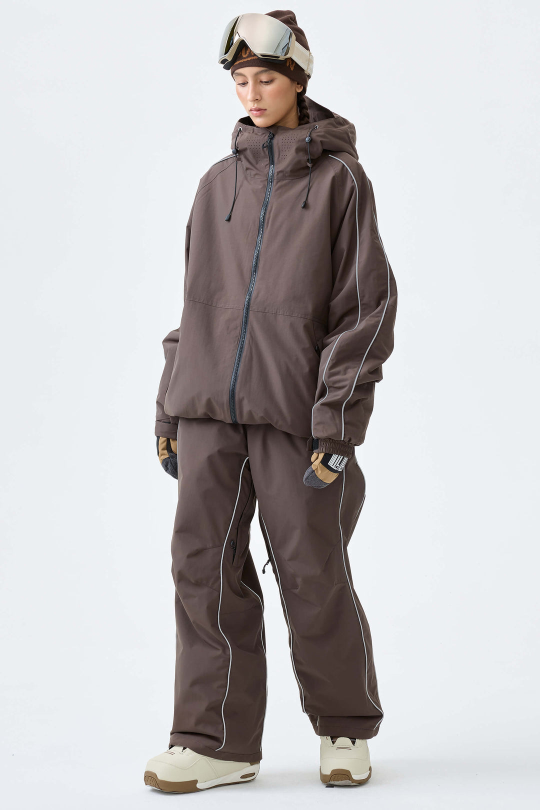 Women's Dark Brown Reflective Side-Piping Baggy Snow Pants