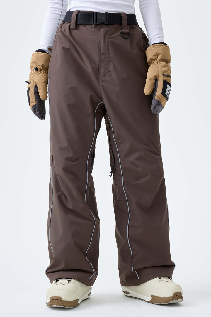 Women's Light Gray Reflective Side-Piping Baggy Snow Pants