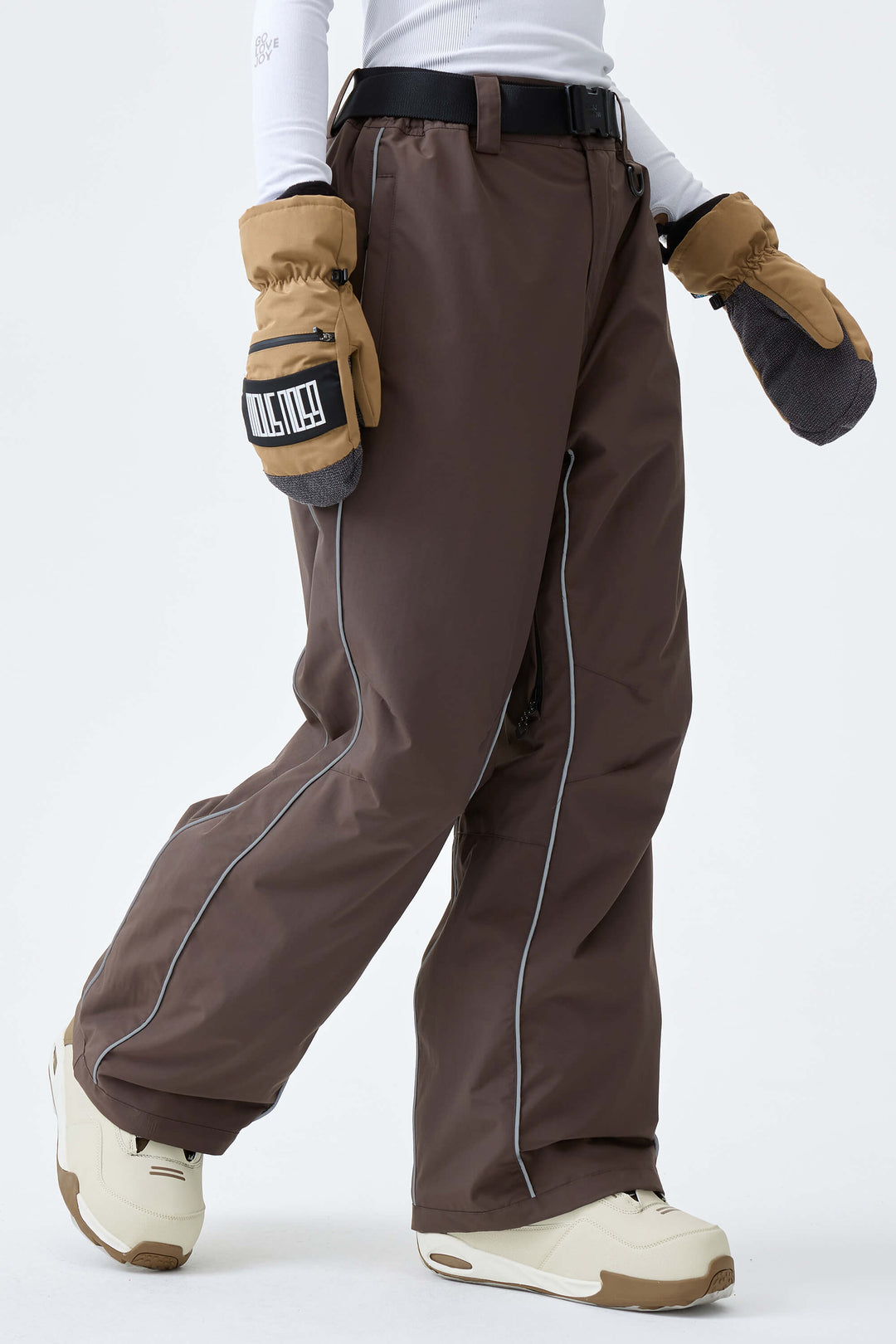 Women's Dark Brown Reflective Side-Piping Baggy Snow Pants