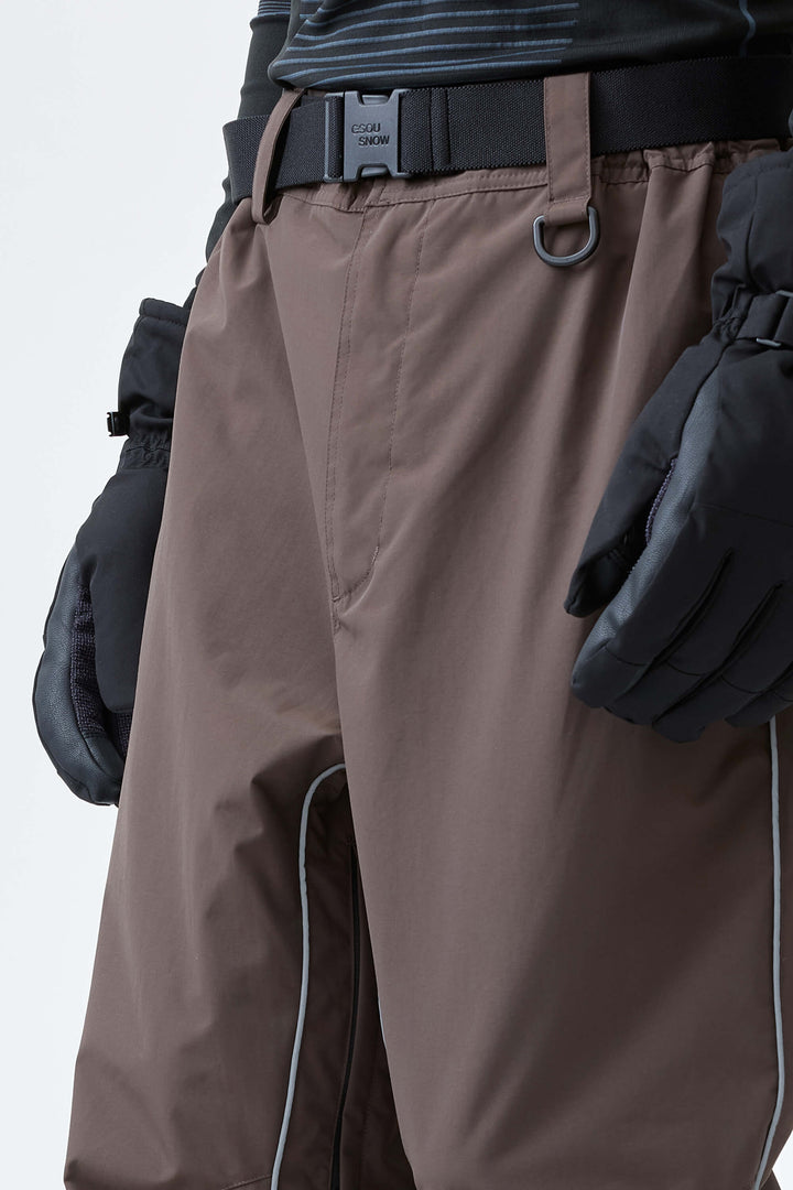 Men's Dark Brown Reflective Side-Piping Baggy Snow Pants