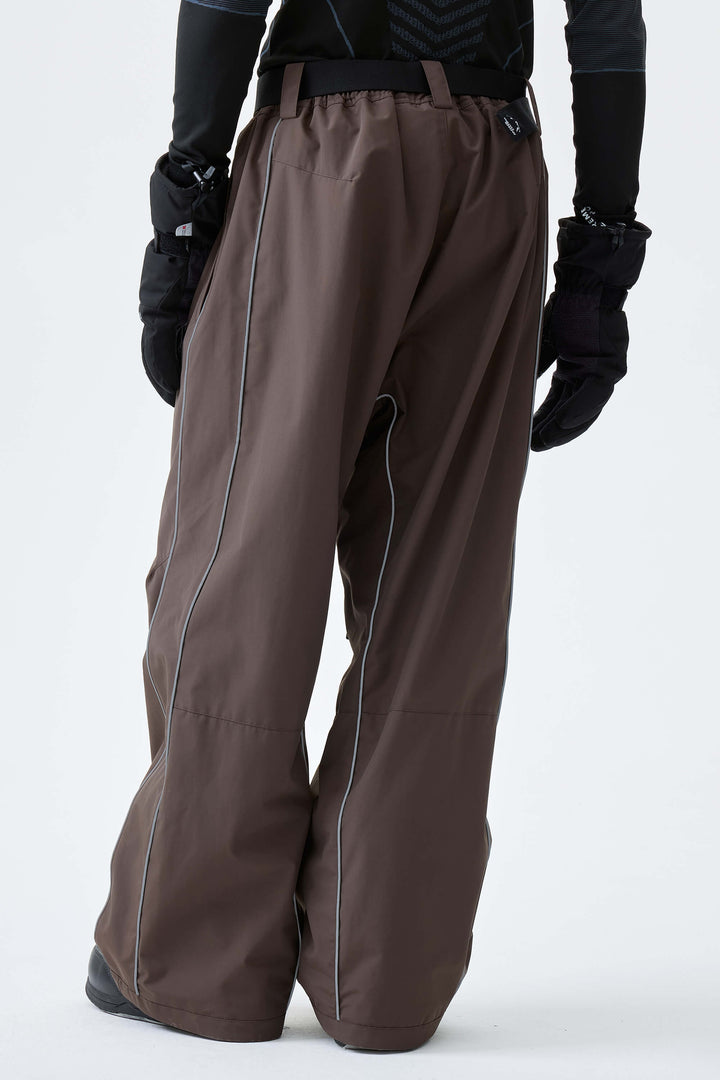 Men's Dark Brown Reflective Side-Piping Baggy Snow Pants
