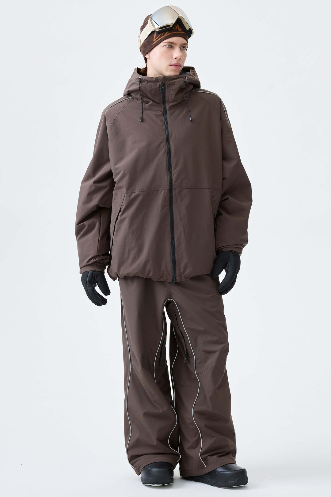 Men's Dark Brown Reflective Side-Piping Baggy Snow Pants