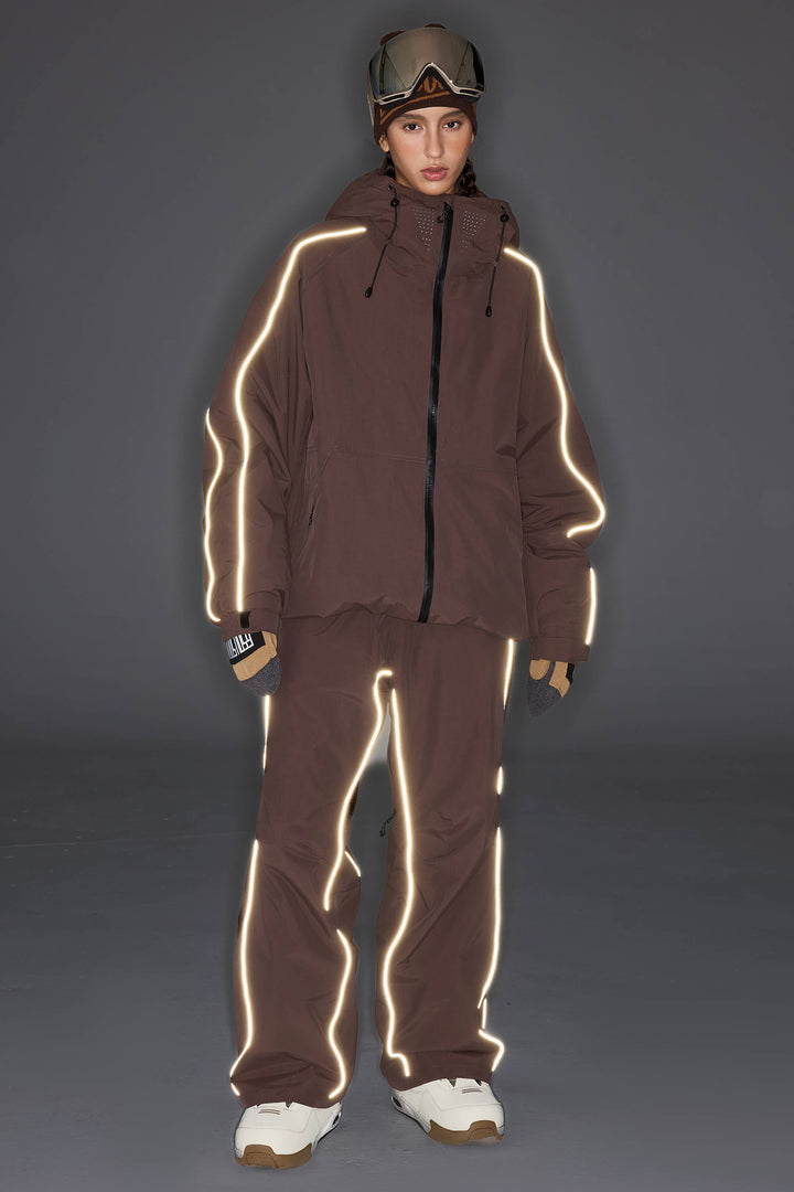 Men's Dark Brown Reflective Side-Piping Baggy Snow Pants