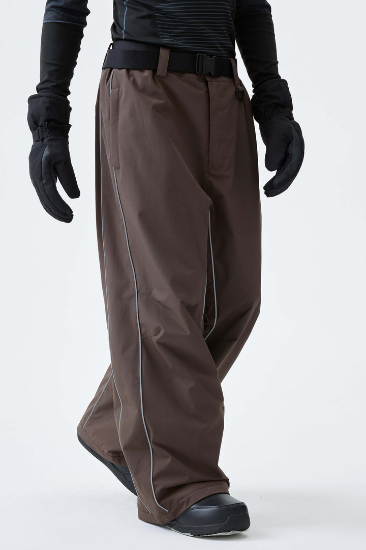 Men's Dark Brown Reflective Side-Piping Baggy Snow Pants