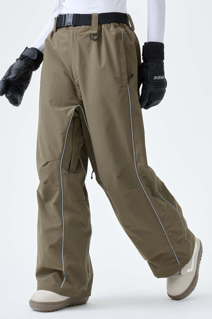 Women's Khaki Reflective Side-Piping Baggy Snow Pants
