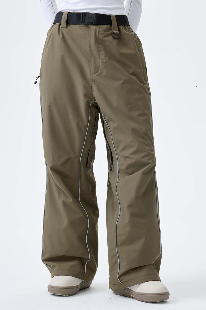 Women's Light Gray Reflective Side-Piping Baggy Snow Pants