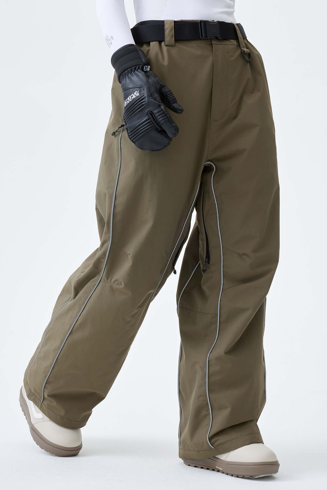 Women's Olive Drab Reflective Side-Piping Baggy Snow Pants