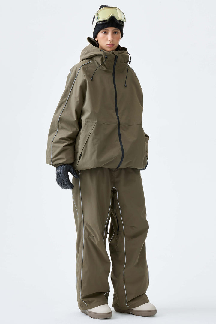 Women's Khaki Reflective Side-Piping Baggy Snow Pants
