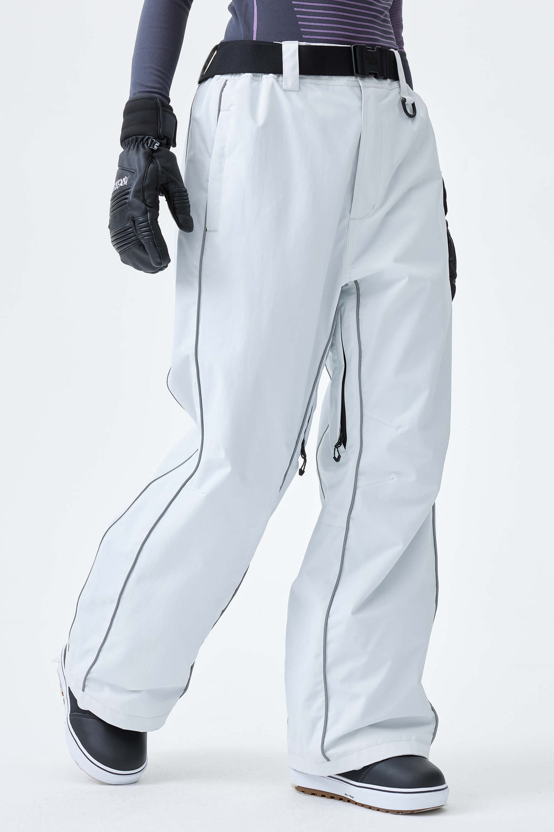 Women's Khaki Reflective Side-Piping Baggy Snow Pants