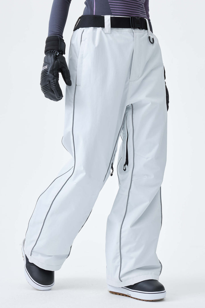 Women's Khaki Reflective Side-Piping Baggy Snow Pants