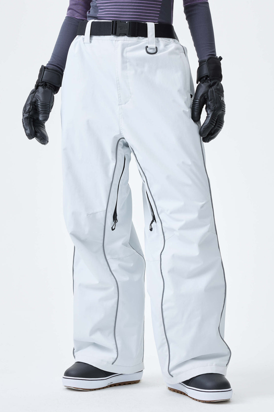 Women's Light Gray Reflective Side-Piping Baggy Snow Pants