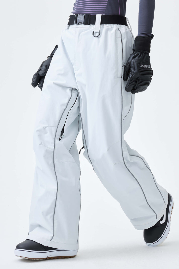 Women's Light Gray Reflective Side-Piping Baggy Snow Pants
