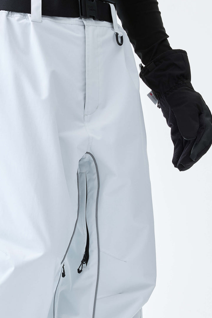 Men's Light Gray Reflective Side-Piping Baggy Snow Pants
